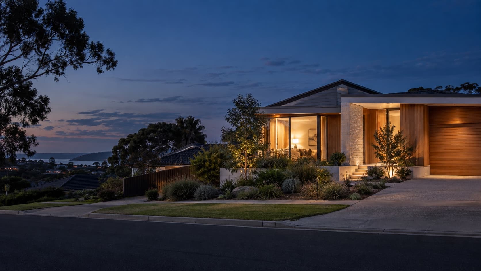 Contemporary Australian home at blue hour