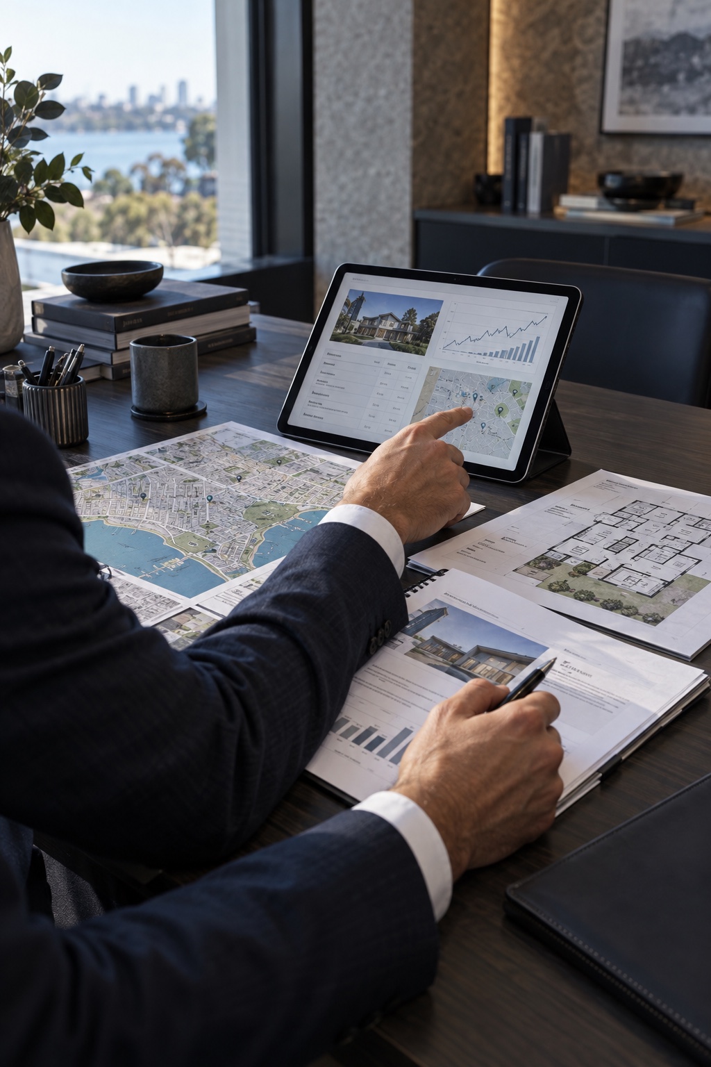 Property strategist reviewing market maps, feasibility data and an Australian investment property